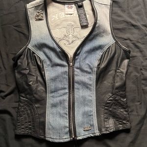 Harley Davidson woman’s denim vest with faux leather accents and laced back